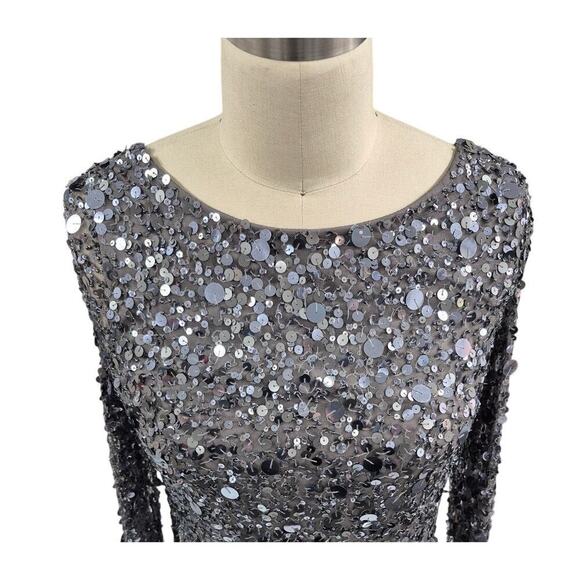 NWT Aidan Mattox Silver Fully Sequined Party Dress Long Sleeve Mini Dress Sz 4 - Picture 2 of 7